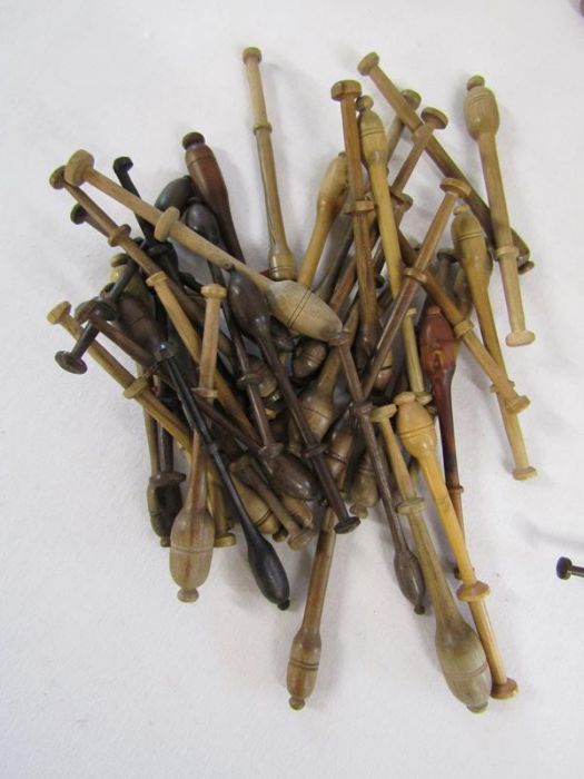 Lace making bobbins and cushion includes some lace threads and patterns - Image 2 of 7