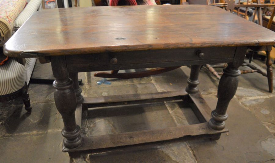 18th century oak table on turned legs L124cm W 78cm Ht 68cm