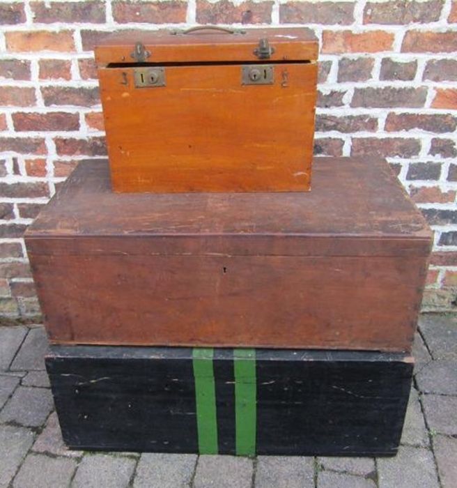 2 large storage trunks and one smaller - black trunk measures approx. 92cm x 51.5cm x 34.5cm