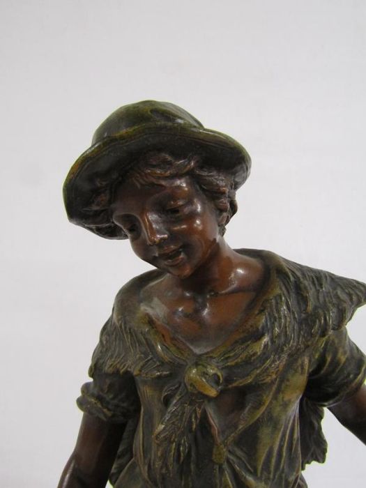 Bronze effect spelter figure on wooden base depicting shepherd boy and his dog - signed F Moreau - Image 2 of 8