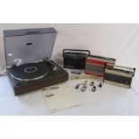 Pioneer PL-12D record player, dust bug record cleaner and various arm heads,  Roberts radios RP26-