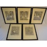 Five large 18th century style black & white framed prints of equestrian scenes each 52cm by 38cm