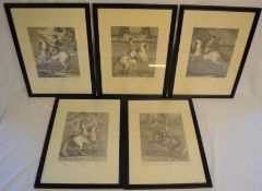 Five large 18th century style black & white framed prints of equestrian scenes each 52cm by 38cm