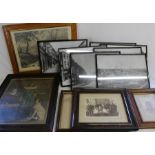 Selection of prints including black & white views of Louth, framed vintage photographs, modern oil