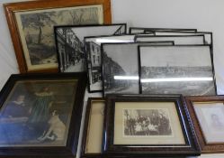 Selection of prints including black & white views of Louth, framed vintage photographs, modern oil