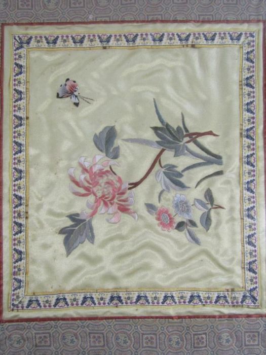 Pair of framed embroidered silk panels approx. 40cm x 38cm - Image 3 of 3