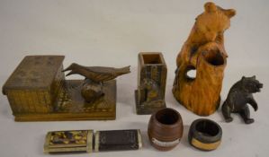 Collection of treen including a novelty cigarette box, bears & match pots
