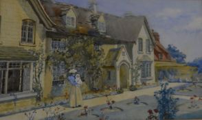 Framed Edwardian watercolour of a cottage with a mother holding a baby in front.  Frame size 47cm by