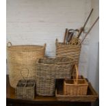 Various wicker baskets, shooting stick, Victorian malacca cane with white metal collar, archers bow,