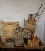 Various wicker baskets, shooting stick, Victorian malacca cane with white metal collar, archers bow,