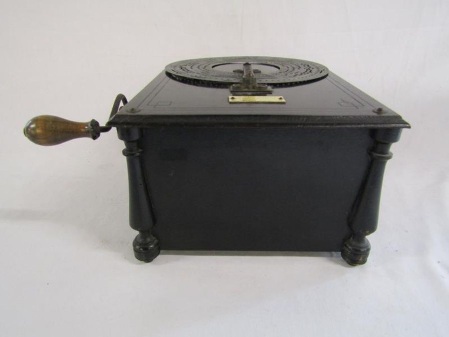 Ebonised wood Intona organette music player with plaque The Saxon Trading Co with 9 metal discs - - Image 5 of 7