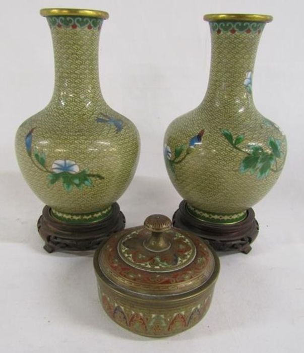 Pair of cloisonné vases depicting flowers and birds on wooden stands approx. 24cm (includes