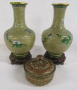Pair of cloisonné vases depicting flowers and birds on wooden stands approx. 24cm (includes