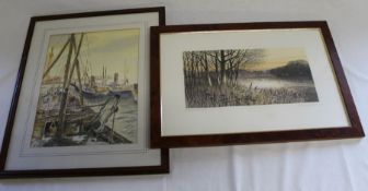 Framed watercolour depicting Grimsby trawlers "Entering Harbour" signed Ken Lascelles 35cm x 27.