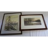 Framed watercolour depicting Grimsby trawlers "Entering Harbour" signed Ken Lascelles 35cm x 27.