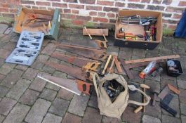 Collection of tools includes hand saws, chisels, lead tools, Chapman tools by Stanley and a bullnose