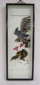 Chinese feather art depicting pheasant and another bird approx. 60cm x 22cm