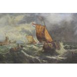 K Franks 1922 oil on canvas depicting boats on a stormy sea approx. 61cm x 40.5cm