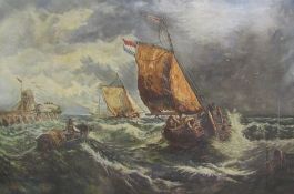 K Franks 1922 oil on canvas depicting boats on a stormy sea approx. 61cm x 40.5cm