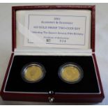 2001 Alderney & Guernsey £25 gold proof two coin set, celebrating The Queen's Seventy-Fifth