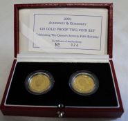 2001 Alderney & Guernsey £25 gold proof two coin set, celebrating The Queen's Seventy-Fifth