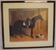Large framed print of a horse in a stable with a reclining dog in the style of Herring, frame size