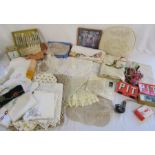 Quantity of table linen, tapestry silks and cloth, pipe, card games etc