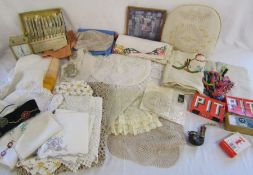 Quantity of table linen, tapestry silks and cloth, pipe, card games etc