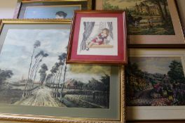 Pair of framed needlepoint scenes and one other, 2 framed prints & mahogany framed mirror 53cm x