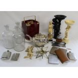 Turnwald Collection ice box, 3 clear glass bottles with stoppers, large silver plated teapot,