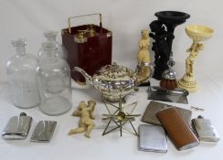 Turnwald Collection ice box, 3 clear glass bottles with stoppers, large silver plated teapot,