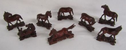 Set of 8 Asian handmade miniature wooden horses with bead eyes