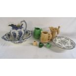 Colesberg 1790 wash bowl and jug, M&S cake stand and 3 Sylvac water jugs - 1959 green squirrel, 1960