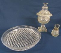 Large glass plate approx. 36cm diam, glass lidded jar on pedestal approx. 33cm tall (with lid on)