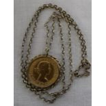 Elizabeth II 1967 gold full sovereign in pendant mount on 9ct gold chain, total weight 11.2g