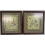 Pair of framed embroidered silk panels approx. 40cm x 38cm