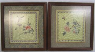 Pair of framed embroidered silk panels approx. 40cm x 38cm