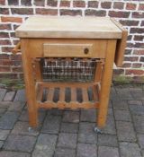 Contemporary two tier beechwood kitchen work station / butchers trolley with frieze drawer and