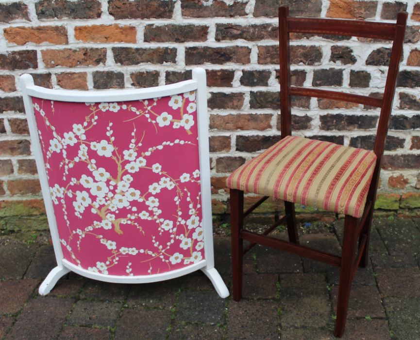 Edwardian inlaid bedroom chair with Andrew Martin upholstery & decorative firescreen