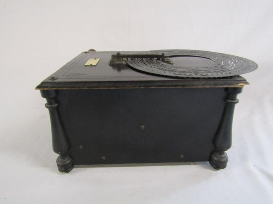 Ebonised wood Intona organette music player with plaque The Saxon Trading Co with 9 metal discs - - Image 4 of 7