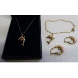 Small flat link bracelet with dolphin fob marked 375 and fine necklace with dolphin pendant - bale