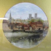 Oil painting signed AA 1897 possibly on ceramic plaque, depicting Lincoln Brayford Pool with