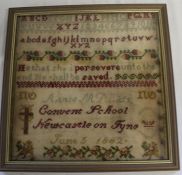 Framed Victorian sampler by Annie M Davids (?) Convent School Newcastle Upon Tyne June 5 1882 (