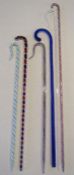 6 glass walking canes - clear glass with red and blue spiralling edged in red, clear glass with red,