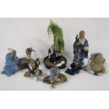 Collection of Shiwan mudmen figures includes chess players, God of Longevity etc