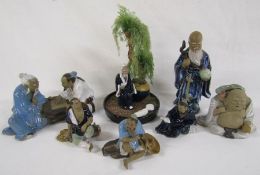 Collection of Shiwan mudmen figures includes chess players, God of Longevity etc