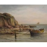 Gilt framed oil on canvas by W Mazurek depicting moored boats 58.5cm x 48.5cm