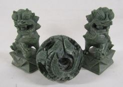 Green soapstone dogs of fo and puzzle ball - dogs stand approx. 15cm tall