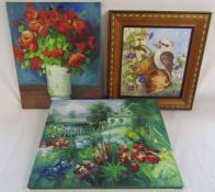 3 paintings - Unsigned roses in vase oil on canvas - framed painting of a  Kookaburra signed S.