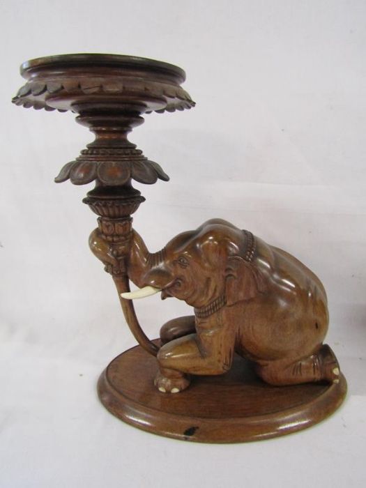 Wooden carved elephants includes a wall hanging head, a pair of elephants (one damaged to ear) - Image 2 of 4